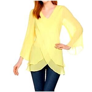 HOT IN HOLLYWOOD Butter Yellow Chiffon Sheer Pleated Sleeve Top 2X Flowy Whimsy